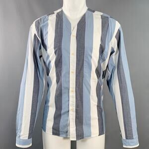 LIVID JEANS Size M Grey Blue White Stripe Cotton Collarless Long Sleeve Shirt